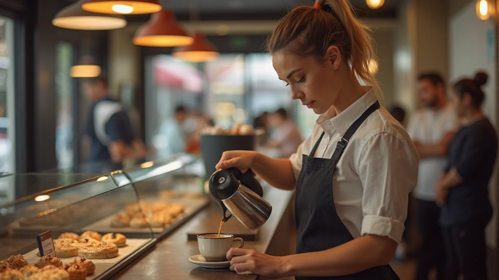 Barista pouring coffee at a French café counter with pastries visible