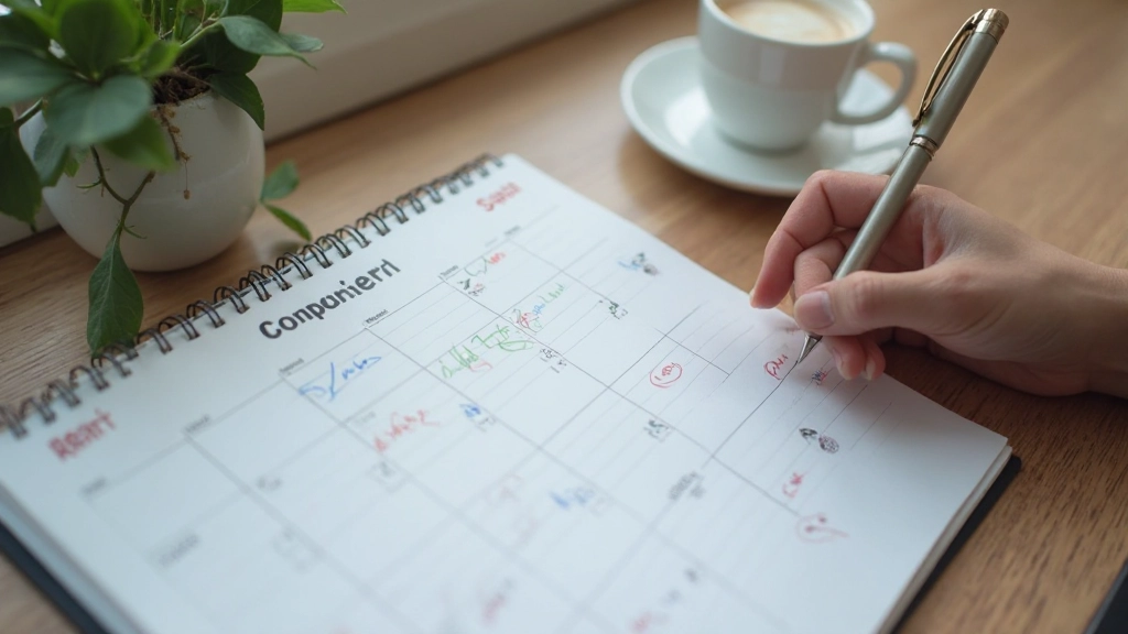Hand marking calendar with pen showing daily learning check marks and progress tracking over weeks, motivation visualization