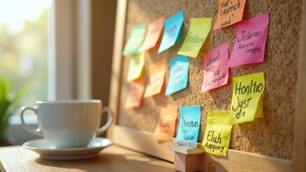 Colorful sticky notes with French words and phrases arranged on a cork board next to a coffee cup in natural light