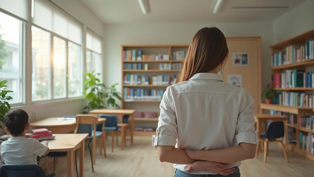 Professional language learning environment with modern classroom setup, books and language materials organized on shelves, bright natural lighting, welcoming educational space