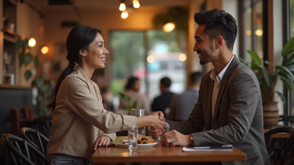 Diverse group of people greeting each other in a French café with friendly gestures and smiles