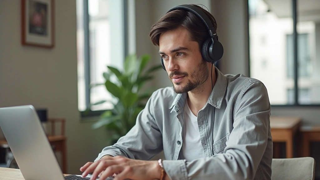Person wearing headphones sitting at desk with laptop, engaged in language learning, bright natural lighting from window