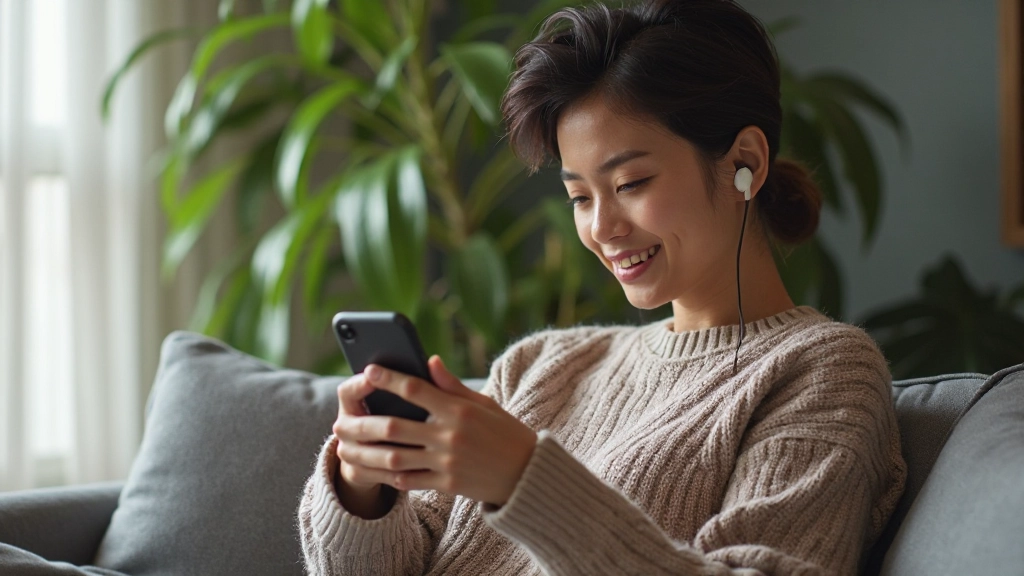 Person holding smartphone with headphones, learning language app on screen, sitting in comfortable home setting with plants