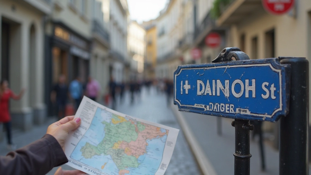 Street sign in French with directional information and a map in background