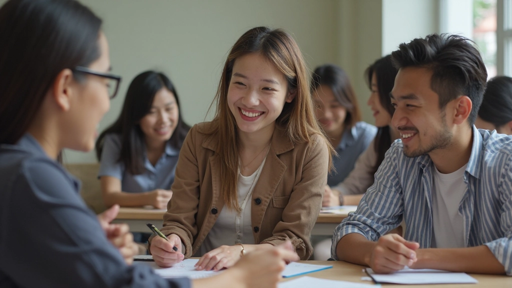 Malaysian students practicing French conversation with instructor
