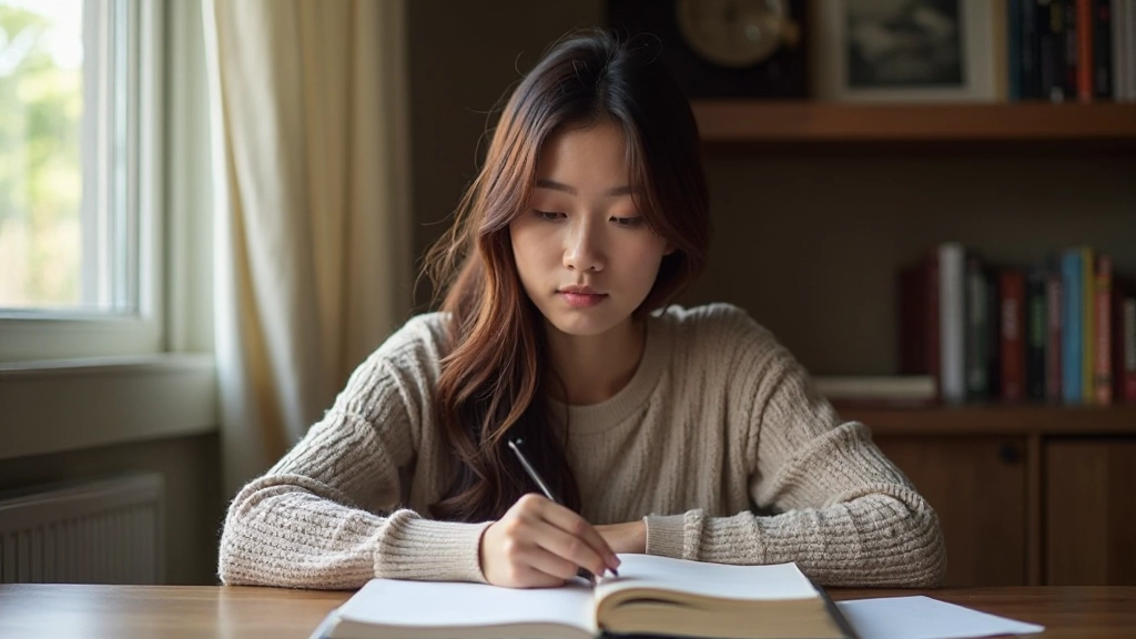 Student studying French grammar with notebook and language textbooks on wooden desk, natural daylight from window